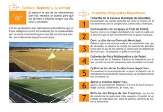 Cultura, Deporte y Juventud
Nuestras Propuestas Deportivas
1
Fomento de la Escuela Municipal de Deportes.
Incorporación de nuevos deportes así como la mejora en el
funcionamiento de los campeonatos comarcales y federados.
2
Continuación con el apoyo al Club de fútbol.
Nuestro club es la imágen del deporte de nuestro pueblo en
la provincia por lo que incrementaremos el apoyo municipal.
3
Reforma del Parque de San Francisco. Instalación
de plataforma de caída para niños pequeños. Creación de un
circuíto de Seguridad vial, pista de patines, portería de fut-
bito y baloncesto.
4
Contrucción de un Gimnasio Municipal.
Debido a que la iniciativa privada no ha consolidado este tipo
de demanda, se plantea la compra de material de gimnasio
tanto para el uso de los vecinos/as como para los deportistas
del municipio. Se adaptará un edificio municipal.
5
Cubierta de Pista Polideportiva y de Padel.
La necesidad de un Pabellón Cubierto es importante por lo
que con esta actuación salvaremos esta necesidad municipal.
6
Optimización de las Instalaciones deportivas.
Pretendemos la incorporación de la mujer al deporte con la
amplitud de horarios de las instalaciones y la incorporación de
más monitores/as.
7
Apoyo a eventos deportivos.
Apoyo a la actividad del atletismo, Carrera de San Francisco,
Rutas ciclistas, Senderismo, 24 horas, etc.
El deporte es una de las herramientas
que más necesita un pueblo para que
sus jóvenes y mayores tengan una vida
sana y saludable.
Con las propuestas que planteamos pretendemos que el
Espacio Deportivo esté activo desde por la mañana hasta
por la noche intentando que el uso del recinto sea acor-
de con la demanda deportiva existente.
 