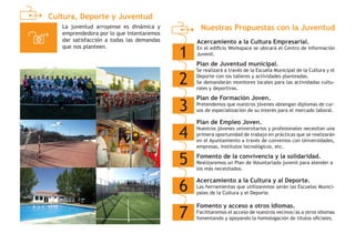 Cultura, Deporte y Juventud
Nuestras Propuestas con la Juventud
1
Acercamiento a la Cultura Empresarial.
En el edificio Workspace se ubicará el Centro de Información
Juvenil.
2
Plan de Juventud municipal.
Se realizará a través de la Escuela Municipal de la Cultura y el
Deporte con los talleres y actividades planteadas.
Se demandarán monitores locales para las actividadas cultu-
rales y deportivas.
3
4
Plan de Formación Joven.
Pretendemos que nuestros jóvenes obtengan diplomas de cur-
sos de especialización de su interés para el mercado laboral.
5
Plan de Empleo Joven.
Nuestros jóvenes universitarios y profesionales necesitan una
primera oportunidad de trabajo en prácticas que se realizarán
en el Ayuntamiento a través de convenios con Universidades,
empresas, Institutos tecnológicos, etc.
6
Fomento de la convivencia y la solidaridad.
Realizaremos un Plan de Voluntariado juvenil para atender a
los más necesitados.
Acercamiento a la Cultura y al Deporte.
Las herramientas que utilizaremos serán las Escuelas Munici-
pales de la Cultura y el Deporte.
La juventud arroyense es dinámica y
emprendedora por lo que intentaremos
dar satisfacción a todas las demandas
que nos planteen.
7
Fomento y acceso a otros Idiomas.
Facilitaremos el acceso de nuestros vecinos/as a otros idiomas
fomentando y apoyando la homologación de títulos oficiales.
 