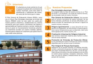 Urbanismo
Nuestras Propuestas
1
Plan Estratégico Municipal. PEMAO.
Se recogerán todas las ideas de nuestros vecinos en un “Plan
de Acción” y se estudiarán, con ayuda de nuestros técnicos,
las necesidades reales de nuestro municipio.
2
Polígono Agroindustrial. La nueva ubicación de la Coo-
perativa es fundamental, así como facilitar a nuestros agricul-
tores nuevas infraestructuras para su desarrollo, tales como
naves agropecuarias, buenos accesos, etc.
3
Plan Integral de Parques Municipales.
Adaptación de los parques infantiles con baldosas anticaída,
revisión y sustitución de aparatos de juegos, nuevos aparatos
para mayor versatilidad deportiva y de ocio, circuito de segu-
ridad vial para bicicletas y una pista polideportiva al aire libre
en nuestro parque (patinaje, monopatín, baloncesto, fútbol
sala), así como el vallado y embellecimiento de los diversos
parques del municipio.
4
Plan General de Ordenación Urbana. Está pensado
para el correcto crecimiento de nuestro municipio, de una
forma ordenada y planificada. Se salvarán dificultades y pro-
blemas actuales de ordenamiento que afectan a algunos de
nuestros vecinos y empresas.
5
6
Finalización Urbanización Polígono Industrial.
Unos terrenos industriales modernos para facilitar la ubica-
ción de nuevas empresas.
Promoción de Viviendas de Protección Oficial.
Es una prioridad para nuestro municipio que existan viviendas
disponibles para los vecinos/as que lo necesiten.
El urbanismo es el eje central en el cual
se apoyan los pilares del crecimiento de
nuestro municipio, pues trata sobre la
planificación y ordenación del mismo,
así como del territorio que lo rodea.
El Plan General de Ordenación Urbana (PGOU), junto
con el futuro Plan Estratégico Municipal de Arroyo del
Ojanco (PEMAO) serán los ejes sobre los cuales gire
nuestra política urbanística, estableciendo los criterios
necesarios para que nuestro crecimiento sea óptimo y
aprovechable por nuestros vecinos y vecinas, siendo pio-
neros en poner en funcionamiento iniciativas urbanísti-
cas totalmente acordes con nuestra realidad. Además,
tenemos gente experta en urbanismo que podrá llevar a
cabo todas estas políticas.
 