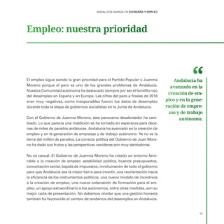 ANDALUCÍA AVANZA EN ECONOMÍA Y EMPLEO
13
Empleo: nuestra prioridad
El empleo sigue siendo la gran prioridad para el Partido Popular y Juanma
Moreno porque el paro es uno de los grandes problemas de Andalucía.
Nuestra Comunidad autónoma ha destacado siempre por ser el farolillo rojo
del desempleo en España y en Europa. Las cifras del paro a finales de 2018
eran muy negativas, como insoportables fueron los datos de desempleo
durante toda la etapa de gobiernos socialistas en la Junta de Andalucía.
Con el Gobierno de Juanma Moreno, este panorama desalentador ha cam-
biado. Lo que parecía una maldición se ha tornado en esperanza para dece-
nas de miles de parados andaluces. Andalucía ha avanzado en la creación de
empleo y en la generación de empresas y de trabajo autónomo. Ya no es la
tierra del millón de parados. La correcta política del Gobierno de Juan More-
no ha dado sus frutos y las perspectivas venideras son muy alentadoras.
No es casual. El Gobierno de Juanma Moreno ha creado un entorno favo-
rable a la creación de empleo: estabilidad política, buenos presupuestos,
concertación social, bajada de impuestos, involucración de todo el gobierno
para que Andalucía sea la mejor tierra para invertir, una reorientación hacia
la eficiencia de los instrumentos públicos, una nuevo modelo de incentivos
a la creación de empleo, una nueva ordenación de formación para el em-
pleo, un apoyo extraordinario a los autónomos, entre otras medidas, son su
mejor carta de presentación. No debemos olvidar que una gestión honesta
también ha favorecido el cambio de tendencia del desempleo en Andalucía.
Andalucía ha
avanzado en la
creación de em­
pleo y en la gene­
ración de empre­
sas y de trabajo
autónomo.
 