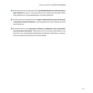 143
ANDALUCÍA AVANZA EN APOYO A LAS FAMILIAS
ā
ā Avanzaremos en la extensión de la gratuidad del primer ciclo de educa-
ción infantil (0-3 años). Y promoveremos la creación de escuelas infan-
tiles públicas en zonas geográficas con baja cobertura.
ā
ā Continuaremos trabajando para seguir reduciendo las tasas de fracaso
y abandono escolar temprano, que ya registra el mayor descenso de la
serie histórica.
ā
ā Garantizaremos una educación inclusiva y adaptada a las característi-
cas del propio alumnado. Reforzaremos los recursos destinados a los
alumnos con necesidades específicas de atención educativa y mejora-
remos el sistema de atención a la diversidad.
 