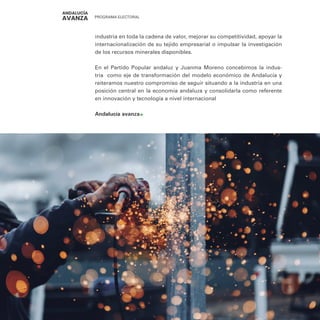 PROGRAMA ELECTORAL
206
industria en toda la cadena de valor, mejorar su competitividad, apoyar la
internacionalización de su tejido empresarial o impulsar la investigación
de los recursos minerales disponibles.
En el Partido Popular andaluz y Juanma Moreno concebimos la indus-
tria como eje de transformación del modelo económico de Andalucía y
reiteramos nuestro compromiso de seguir situando a la industria en una
posición central en la economía andaluza y consolidarla como referente
en innovación y tecnología a nivel internacional
Andalucía avanza
 