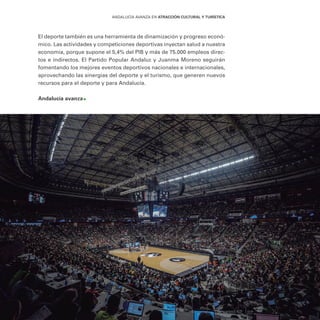 283
ANDALUCÍA AVANZA EN ATRACCIÓN CULTURAL Y TURÍSTICA
El deporte también es una herramienta de dinamización y progreso econó-
mico. Las actividades y competiciones deportivas inyectan salud a nuestra
economía, porque supone el 5,4% del PIB y más de 75.000 empleos direc-
tos e indirectos. El Partido Popular Andaluz y Juanma Moreno seguirán
fomentando los mejores eventos deportivos nacionales e internacionales,
aprovechando las sinergias del deporte y el turismo, que generen nuevos
recursos para el deporte y para Andalucía.
Andalucía avanza
 