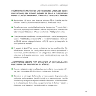 65
ANDALUCÍA AVANZA EN APOYO A LAS FAMILIAS
CONTINUAREMOS MEJORANDO LAS CONDICIONES LABORALES DE LOS
PROFESIONALES DEL SERVICIO ANDALUZ DE SALUD Y CUMPLIREMOS
CON SU EQUIPARACIÓN SALARIAL, ADOPTANDO ENTRE OTRAS MEDIDAS:
ā
ā Aumento de 150 euros para personal sanitario A2 de Hospital que be-
neficiará a 21.430 profesionales del Servicio Andaluz de Salud.
ā
ā Complemento de continuidad asistencial de Atención Primaria. Retri-
bución de la prolongación de hasta 5 horas en jornada de tarde en días
laborables de Médicos de AP que beneficiará a 7.328 profesionales.
ā
ā Extenderemos el modelo de carrera profesional a todas las categorías.
Más de 72.000 trabajadores del SAS se ven beneficiados de esta mejo-
ra, 30.982 que ya estaban incluidos y 41.512 nuevos profesionales se
incorporarán al modelo.
ā
ā El acceso al Nivel IV de carrera profesional del personal Auxiliar Ad-
ministrativo, además del consiguiente reconocimiento profesional y
económico, conllevará el acceso a la categoría de Administrativo y que
este nivel se le pueda reconocer como mérito relevante de cara a la
promoción interna.
ADOPTAREMOS MEDIDAS PARA GARANTIZAR LA DISPONIBILIDAD DE
PROFESIONALES E INCREMENTAR SU NÚMERO:
ā
ā Acceso a plaza como personal estatutario, mediante concurso de méri-
tos, para puestos de difícil cobertura con carácter definitivo.
ā
ā Dentro de la estrategia de fomentar la incorporación de profesionales
sanitarios en los puestos de difícil cobertura, planteamos un cambio
normativo que implique la posibilidad de cubrir estos puestos median-
te el solo concurso de méritos, con permanencia de 4 años y opción a
concursar en el traslado a otros centros tras este periodo.
 