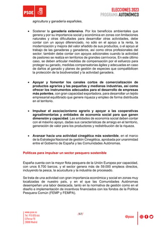 ELECCIONES 2023
PROGRAMA AUTONÓMICO
/67/
agricultura y ganadería españoles.
• Sostener la ganadería extensiva. Por los beneficios ambientales que
genera y por su importancia social y económica en zonas con limitaciones
naturales y otras dificultades para desarrollar otras actividades, debe
contar con un apoyo diferenciado, no sólo en el apoyo a la renta, la
modernización y mejora del valor añadido de sus productos, o el apoyo al
trabajo de las ganaderas y ganaderos, así como otros profesionales del
sector; también debe contar con apoyos adicionales cuando la actividad
de pastoreo se realiza en territorios de grandes carnívoros. En este último
caso, se deben articular medidas de compensación por el esfuerzo para
proteger su ganado, medidas compensatorias ágiles y adecuadas en caso
de daños al ganado y planes de gestión de especies que compatibilicen
la protección de la biodiversidad y la actividad ganadera.
• Apoyar y fomentar los canales cortos de comercialización de
productos agrarios y las pequeñas y medianas industrias, así como
ofrecer los instrumentos adecuados para el desarrollo de empresas
más potentes, con gran capacidad exportadora, para desarrollar un tejido
empresarial equilibrado que genere riqueza y empleo de forma distribuida
en el territorio.
• Impulsar el asociacionismo agrario y apoyar a las cooperativas
agroalimentarias y entidades de economía social para que ganen
dimensión y capacidad. Las entidades de economía social deben contar
con el máximo apoyo, dadas sus características de arraigo en el territorio,
generación de valor para los productores y redistribución de la riqueza.
• Avanzar hacia una actividad cinegética más sostenible, en el marco
de la Estrategia Nacional de gestión Cinegética, aprobada por unanimidad
entre el Gobierno de España y las Comunidades Autónomas.
Políticas para impulsar un sector pesquero sostenible
España cuenta con la mayor flota pesquera de la Unión Europea por capacidad,
con unos 8.700 barcos, y el sector genera más de 59.000 empleos directos,
incluyendo la pesca, la acuicultura y la industria de procesado.
Se trata de una actividad con gran importancia económica y social en zonas muy
localizadas de nuestro país, y en el que las Comunidades Autónomas
desempeñan una labor destacada, tanto en la normativa de gestión como en el
diseño e implementación de incentivos financiados con los fondos de la Política
Pesquera Común (FEMP y FEMPA).
 