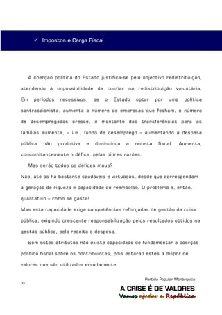  Impostos e CargaeFiscal Fiscal
               Impostos Carga




     A coerção política do Estado justifica-se pelo objectivo redistribuição,

atendendo     à   impossibilidade    de       confiar   na    redistribuição      voluntária.

Em     períodos    recessivos,      se    o     Estado       optar     por   uma     política

contraccionista, aumenta o número de empresas que fecham, o número

de desempregados cresce, o montante das transferências para as

famílias aumenta, – i.e., fundo de desemprego – aumentando a despesa

pública    não    produtiva   e     diminuindo          a    receita    fiscal.    Aumenta,

concomitantemente o défice, pelas piores razões.

     Mas serão todos os défices maus?

Não, até os há bastante saudáveis e virtuosos, desde que correspondam

a geração de riqueza e capacidade de reembolso. O problema é, então,

qualitativo – como se gasta!

Mas esta capacidade exige competências reforçadas de gestão da coisa

pública, exigindo crescente responsabilização pelos resultados obtidos na

gestão pública, pela receita e despesa.

     Sem estes atributos não existe capacidade de fundamentar a coerção

política fiscal sobre os contribuintes, pois estarão estes a dispor de

valores que são utilizados erradamente.


                                                                 Partido Popular Monárquico
32
                                                   A C R IIS E É D E V A L OR E S
                                                   A C R S E É D E VALORES
                                                  Vamos ajjudar a República
                                                  Vamos a udar a República
 