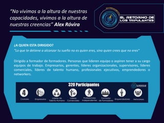 “No vivimos a la altura de nuestras
capacidades, vivimos a la altura de
nuestras creencias” Alex Róvira
¿A QUIEN ESTA DIRIGIDO?
“Lo que te detiene a alcanzar tu sueño no es quien eres, sino quien crees que no eres”
Dirigido a formador de formadores. Personas que lideren equipo o aspiren tener a su cargo
equipos de trabajo. Empresarios, gerentes, líderes organizacionales, supervisores, líderes
comerciales, líderes de talento humano, profesionales ejecutivos, emprendedores o
networkers.
 