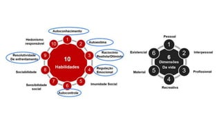 Pessoal
Interpessoal
Profissional
Recreativa
Material
Existencial
6
Dimen
sões
Da
vida
1
2
3
4
5
6
10
Habilid
ades
1
2
3
4
5
6
7
8
9
1
0
Autoconhecimento
Autoestima
Raciocínio
Realista/Otimista
Regulação
Emocional
Imunidade Social
Autocontrole
Sensibilidade
social
Sociabilidade
Resolutividade
De enfrentamento
Hedonismo
responsável
 