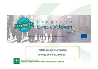Servicio Andaluz de Empleo
CONSEJERÍA DE ECONOMÍA, INNOVACIÓN, CIENCIA Y EMPLEO
Teléfonos de Información
955.063.966 o 902.996.031
 