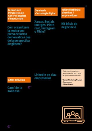 11
Seminaris
d’estratègia digital
Xarxes Socials
Imatges: Pinte-
rest, Instagram
o Flickr?
Aprendre els aspectes clau de
la comunicació audiovisual
en les xarxes socials que
s’especialitzen en la difusió
d’imatges per promocionar i
consolidar marques. L’alumna
aprendrà a crear, dinamitzar i
monitorar un perfil corporatiu
en una o diverses d’aquestes
plataformes.
DATES:
Dilluns 8 de juliol
Dimecres 10 de juliol
HORARI: 10:00 - 14:00.
LinkedIn en clau
empresarial
Aprendre els aspectes bàsics en
la gestió del perfil professional
de LinkedIn: actualització del
perfil, rols d’administració,
creació de pàgines de producte
o servei, estratègies de
màrqueting, etc. Dinamitzar
i monitorar el perfil professional
i el corporatiu.
DATES:
Dilluns 22 de juliol
Dimecres 24 de juliol
HORARI: 10:00 - 14:00
Taller d’habilitats
directives i
emprenedores
Kit bàsic de
negociació
Aconseguir que les participants
desenvolupin habilitats
per afrontar negociacions i ho
puguin fent sentint-se segures.
S’aportaran eines més enllà dels
Principis Harvard de negociació
per establir converses
negociadores que les duguin a
relacionar-se amb èxit.
DATES:
Dilluns 15 de juliol
Dimarts 16 de juliol
Dimecres 17 de juliol
Dijous 18 de juliol
HORARI: 10:00 - 14:00
Els següents programes
tenen un enllaç per a la de
recepció de candidatures:
Women Mentoring Program
Finanwomen
Lidera el Canvi
Formació en
Perspectiva de
Gènere I Igualtat
d’oportunitats
Comorganitzem
lanostraem-
presadeforma
democràticaides
delaperspectiva
degènere?
Reflexionar i donar eines sobre
com implementar principis
democràtics en la gestió del
talent humà d’una organització,
per tal d’afavorir la igualtat de
gènere, la llibertat d’expressió,
la participació i la transparència.
DATA:
Dimarts 2 de juliol
HORARI: 10:00 - 14:00
Altres activitats
Camí de la
solidesa
Programa de formació
i acompanyament per
a organitzacions d’Economia
Social i Solidària (associacions,
fundacions, cooperatives,...)
liderades i/o gestionades per
dones.
Consulteu les sessions informa-
tives al web: barcelonactiva.cat/
camidelasolidesa
Activitatsqueincorporenlaperspectivaielsvalorsdel’EconomiaSocialiSolidària
 