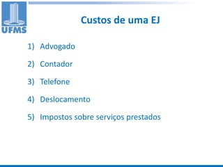 Custos de uma EJ

1) Advogado

2) Contador

3) Telefone

4) Deslocamento

5) Impostos sobre serviços prestados
 