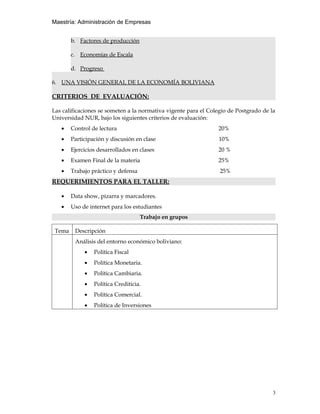Maestría: Administración de Empresas


        b. Factores de producción

        c. Economías de Escala

        d. Progreso

6. UNA VISIÓN GENERAL DE LA ECONOMÍA BOLIVIANA

CRITERIOS DE EVALUACIÓN:

Las calificaciones se someten a la normativa vigente para el Colegio de Postgrado de la
Universidad NUR, bajo los siguientes criterios de evaluación:
   •    Control de lectura                                      20%
   •    Participación y discusión en clase                       10%
   •    Ejercicios desarrollados en clases                      20 %
   •    Examen Final de la materia                              25%
   •    Trabajo práctico y defensa                               25%
REQUERIMIENTOS PARA EL TALLER:

   •    Data show, pizarra y marcadores.
   •    Uso de internet para los estudiantes
                                     Trabajo en grupos

 Tema    Descripción
         Análisis del entorno económico boliviano:
             •   Política Fiscal
             •   Política Monetaria.
             •   Política Cambiaria.
             •   Política Crediticia.
             •   Política Comercial.
             •   Política de Inversiones




                                                                                      3
 