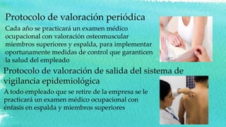 Protocolo de valoración periódica
Cada año se practicará un examen médico
ocupacional con valoración osteomuscular
miembros superiores y espalda, para implementar
oportunamente medidas de control que garanticen
la salud del empleado
Protocolo de valoración de salida del sistema de
vigilancia epidemiológica
A todo empleado que se retire de la empresa se le
practicará un examen médico ocupacional con
énfasis en espalda y miembros superiores
 