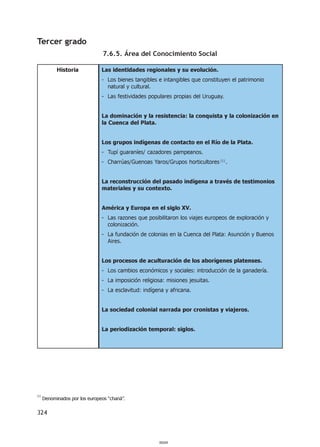 324
Tercer grado
7.6.5. Área del Conocimiento Social
Historia Las identidades regionales y su evolución.
- Los bienes tangibles e intangibles que constituyen el patrimonio
natural y cultural.
- Las festividades populares propias del Uruguay.
La dominación y la resistencia: la conquista y la colonización en
la Cuenca del Plata.
Los grupos indígenas de contacto en el Río de la Plata.
- Tupí guaraníes/ cazadores pampeanos.
- Charrúas/Guenoas Yaros/Grupos horticultores (1)
.
La reconstrucción del pasado indígena a través de testimonios
materiales y su contexto.
América y Europa en el siglo XV.
- Las razones que posibilitaron los viajes europeos de exploración y
colonización.
- La fundación de colonias en la Cuenca del Plata: Asunción y Buenos
Aires.
Los procesos de aculturación de los aborígenes platenses.
- Los cambios económicos y sociales: introducción de la ganadería.
- La imposición religiosa: misiones jesuitas.
- La esclavitud: indígena y africana.
La sociedad colonial narrada por cronistas y viajeros.
La periodización temporal: siglos.
(1)
Denominados por los europeos “chaná”.
000324
 