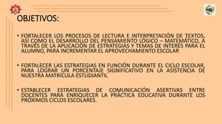 OBJETIVOS:
• FORTALECER LOS PROCESOS DE LECTURA E INTERPRETACIÓN DE TEXTOS,
ASÍ COMO EL DESARROLLO DEL PENSAMIENTO LÓGICO – MATEMÁTICO, A
TRAVÉS DE LA APLICACIÓN DE ESTRATEGIAS Y TEMAS DE INTERÉS PARA EL
ALUMNO, PARA INCREMENTAR EL APROVECHAMIENTO ESCOLAR
• FORTALECER LAS ESTRATEGIAS EN FUNCIÓN DURANTE EL CICLO ESCOLAR,
PARA LOGRAR UN PORCENTAJE SIGNIFICATIVO EN LA ASISTENCIA DE
NUESTRA MATRÍCULA ESTUDIANTIL
• ESTABLECER ESTRATEGIAS DE COMUNICACIÓN ASERTIVAS ENTRE
DOCENTES PARA ENRIQUECER LA PRÁCTICA EDUCATIVA DURANTE LOS
PRÓXIMOS CICLOS ESCOLARES.
 