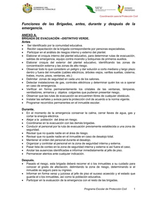 Coordinación para la Protección Civil


Funciones de las Brigadas, antes, durante y después de la
emergencia.
ANEXO A.
BRIGADA DE EVACUACIÓN --DISTINTIVO VERDE.
Antes
    Ser identificado por la comunidad educativa.
    Recibir capacitación de la brigada correspondiente por personas especialistas.
    Participar en el análisis de riesgos interno y externo del plantel.
   Elaborar el croquis interno del plantel educativo, para determinar rutas de evacuación,
    salidas de emergencia, equipo contra incendio y botiquines de primeros auxilios.
   Elaborar croquis del exterior del plantel educativo, identificando las zonas de
    concentración externa y las zonas de alto riesgo.
   Observar todo lo que considere un peligro y dar solución a corto mediano y largo plazo
    dentro y fuera del inmueble (cables eléctricos, árboles viejos, varillas sueltas, cisterna,
    trabes, muros, pisos, ventanas, etc.)
   Delimitar zonas de seguridad en cada uno de los salones.
   Detectar instalaciones de gas, controles eléctricos y determinar quién los va a operar
    en caso de emergencia.
   Verificar en forma permanentemente los cristales de las ventanas, lámparas,
    ventiladores, armarios y objetos colgantes que pudieran presentar riesgo.
   Observar que las rutas de evacuación se encuentren libres de cualquier obstáculo.
   Instalar las señales y avisos para la protección civil de acuerdo a la norma vigente.
   Programar recorridos permanentes en el inmueble escolar.

Durante.
   En el momento de la emergencia conservar la calma, cerrar llaves de agua, gas y
    cortar la energía eléctrica.
   Alejar a la población del área en riesgo.
   Coordinarse en la evacuación con las demás brigadas.
   Conducir al personal por la ruta de evacuación previamente establecida a una zona de
    seguridad.
   Revisar que no quede nadie en el área de riesgo.
   Revisar que no quede nadie en el inmueble en caso de desalojo total.
   Mantener el orden del personal durante el desalojo.
   Organizar y controlar al personal en la zona de seguridad interna y externa.
   Pasar lista de conteo en la zona de seguridad interna y externa si así fuera el caso.
   Anotar las ausencias identificadas e informar inmediatamente al jefe de piso.
   Permanecer atentos ante cualquier indicación.

Después.
 Pasado el riesgo, esta brigada deberá recorrer el o los inmuebles a su cuidado para
   conocer el grado de afectación, delimitando la zona de riesgo, determinando si el
   inmueble es seguro para su ingreso.
 Informar en forma veraz y juiciosa al jefe de piso el suceso acaecido y el estado que
   guarda el o los inmuebles, así como la población educativa.
 Participar en la evaluación de la emergencia con el resto de las brigadas.


                                                    Programa Escolar de Protección Civil          1
 