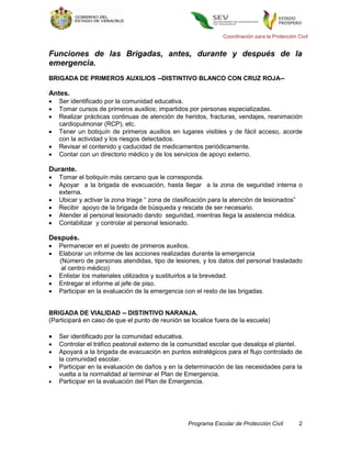 Coordinación para la Protección Civil


Funciones de las Brigadas, antes, durante y después de la
emergencia.
BRIGADA DE PRIMEROS AUXILIOS --DISTINTIVO BLANCO CON CRUZ ROJA--

Antes.
   Ser identificado por la comunidad educativa.
   Tomar cursos de primeros auxilios; impartidos por personas especializadas.
   Realizar prácticas continuas de atención de heridos, fracturas, vendajes, reanimación
    cardiopulmonar (RCP), etc.
   Tener un botiquín de primeros auxilios en lugares visibles y de fácil acceso, acorde
    con la actividad y los riesgos detectados.
   Revisar el contenido y caducidad de medicamentos periódicamente.
   Contar con un directorio médico y de los servicios de apoyo externo.

Durante.
   Tomar el botiquín más cercano que le corresponda.
   Apoyar a la brigada de evacuación, hasta llegar a la zona de seguridad interna o
    externa.
   Ubicar y activar la zona triage “ zona de clasificación para la atención de lesionados”
   Recibir apoyo de la brigada de búsqueda y rescate de ser necesario.
   Atender al personal lesionado dando seguridad, mientras llega la asistencia médica.
   Contabilizar y controlar al personal lesionado.

Después.
   Permanecer en el puesto de primeros auxilios.
   Elaborar un informe de las acciones realizadas durante la emergencia
    (Número de personas atendidas, tipo de lesiones, y los datos del personal trasladado
     al centro médico)
   Enlistar los materiales utilizados y sustituirlos a la brevedad.
   Entregar el informe al jefe de piso.
   Participar en la evaluación de la emergencia con el resto de las brigadas.


BRIGADA DE VIALIDAD -- DISTINTIVO NARANJA.
(Participará en caso de que el punto de reunión se localice fuera de la escuela)

   Ser identificado por la comunidad educativa.
   Controlar el tráfico peatonal externo de la comunidad escolar que desaloja el plantel.
   Apoyará a la brigada de evacuación en puntos estratégicos para el flujo controlado de
    la comunidad escolar.
   Participar en la evaluación de daños y en la determinación de las necesidades para la
    vuelta a la normalidad al terminar el Plan de Emergencia.
   Participar en la evaluación del Plan de Emergencia.




                                                  Programa Escolar de Protección Civil          2
 