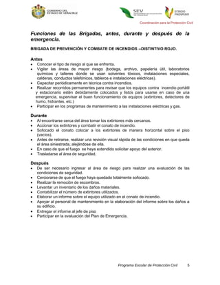 Coordinación para la Protección Civil


Funciones de las Brigadas, antes, durante y después de la
emergencia.
BRIGADA DE PREVENCIÓN Y COMBATE DE INCENDIOS --DISTINTIVO ROJO.

Antes
  Conocer el tipo de riesgo al que se enfrenta.
  Vigilar las áreas de mayor riesgo (bodega, archivo, papelería útil, laboratorios
   químicos y talleres donde se usan solventes tóxicos, instalaciones especiales,
   calderas, conductos telefónicos, tableros e instalaciones eléctricas).
 Capacitar periódicamente en técnica contra incendios.
 Realizar recorridos permanentes para revisar que los equipos contra incendio portátil
  y estacionario estén debidamente colocados y listos para usarse en caso de una
  emergencia, supervisar el buen funcionamiento de equipos (extintores, detectores de
  humo, hidrantes, etc.)
 Participar en los programas de mantenimiento a las instalaciones eléctricas y gas.

Durante
   Al encontrarse cerca del área tomar los extintores más cercanos.
   Accionar los extintores y combatir el conato de incendio.
   Sofocado el conato colocar a los extintores de manera horizontal sobre el piso
    (vacíos).
   Antes de retirarse, realizar una revisión visual rápida de las condiciones en que queda
    el área siniestrada, alejándose de ella.
   En caso de que el fuego se haya extendido solicitar apoyo del exterior.
   Trasladarse al área de seguridad.

Después
   De ser necesario ingresar al área de riesgo para realizar una evaluación de las
    condiciones de seguridad.
   Cerciorarse de que el fuego haya quedado totalmente sofocado.
   Realizar la remoción de escombros.
   Levantar un inventario de los daños materiales.
   Contabilizar el número de extintores utilizados.
   Elaborar un informe sobre el equipo utilizado en el conato de incendio.
   Apoyar al personal de mantenimiento en la elaboración del informe sobre los daños a
    su edificio.
   Entregar el informe al jefe de piso
   Participar en la evaluación del Plan de Emergencia.




                                                  Programa Escolar de Protección Civil          5
 