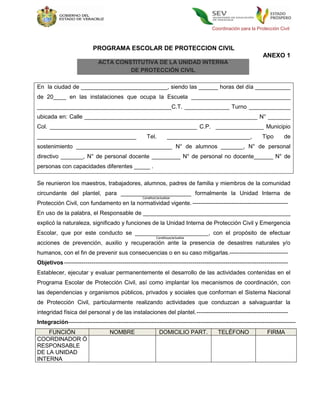 Coordinación para la Protección Civil



                           PROGRAMA ESCOLAR DE PROTECCION CIVIL
                                                                                                                ANEXO 1
                              ACTA CONSTITUTIVA DE LA UNIDAD INTERNA
                                       DE PROTECCIÓN CIVIL

En la ciudad de ___________________________, siendo las ______ horas del día ___________
de 20____ en las instalaciones que ocupa la Escuela _______________________________
__________________________________________C.T. ______________ Turno _____________
ubicada en: Calle ______________________________________________________ N° _______
Col. ______________________________________________ C.P. _______________ Municipio
_______________________________                        Tel.           __________________________,               Tipo       de
sostenimiento ______________________________ N° de alumnos _______, N° de personal
directivo _______, N° de personal docente _________ N° de personal no docente______ N° de
personas con capacidades diferentes _____ .

Se reunieron los maestros, trabajadores, alumnos, padres de familia y miembros de la comunidad
circundante del plantel, para ______________________ formalmente la Unidad Interna de
                                                    Constituir/actualizar
Protección Civil, con fundamento en la normatividad vigente. -------------------------------------------------
En uso de la palabra, el Responsable de ______________________________________________
explicó la naturaleza, significado y funciones de la Unidad Interna de Protección Civil y Emergencia
Escolar, que por este conducto se _______________________, con el propósito de efectuar
                                                              Constituye/actualiza
acciones de prevención, auxilio y recuperación ante la presencia de desastres naturales y/o
humanos, con el fin de prevenir sus consecuencias o en su caso mitigarlas.------------------------------
Objetivos -------------------------------------------------------------------------------------------------------------------
Establecer, ejecutar y evaluar permanentemente el desarrollo de las actividades contenidas en el
Programa Escolar de Protección Civil, así como implantar los mecanismos de coordinación, con
las dependencias y organismos públicos, privados y sociales que conforman el Sistema Nacional
de Protección Civil, particularmente realizando actividades que conduzcan a salvaguardar la
integridad física del personal y de las instalaciones del plantel. -----------------------------------------------
Integración---------------------------------------------------------------------------------------------------------------------
    FUNCIÓN                         NOMBRE                      DOMICILIO PART.           TELÉFONO                FIRMA
COORDINADOR Ó
RESPONSABLE
DE LA UNIDAD
INTERNA
 