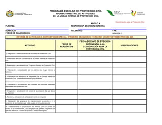 PROGRAMA ESCOLAR DE PROTECCION CIVIL
                                                                       INFORME TRIMESTRAL DE ACTIVIDADES
                                                                     DE LA UNIDAD INTERNA DE PROTECCIÓN CIVIL


                                                                                                                             Coordinación para la Protección Civil
                                                                                                      ANEXO 4
PLANTEL:                                                                            RESPONSABLE DEL INMUEBLE:
                                                                                         RESP. DE UNIDAD INTERNA:

DOMICILIO:                                                                           TELEFONO:                            FAX:
FECHA DE ELABORACION:                                                                                                     HOJA 1 DE 2

                INFORME DE ACTIVIDADES CORRESPONDIENTES AL: [PRIMERO] [SEGUNDO] [TERCERO] [CUARTO] TRIMESTRE DEL 200__

                                                                                            FECHA DE ENVIO DE EVIDENCIA
                                                                            FECHA DE             DOCUMENTAL A LA
                            ACTIVIDAD                                                                                              OBSERVACIONES
                                                                           REALIZACIÓN         COORDINACIÓN PARA LA
                                                                                                 PROTECCIÓN CIVIL
                                                                                                  (VIGENCIA 1 AÑO)
1. Integración ó reestructuración de la Unidad de Protección Civil


2. Elaboración del Acta Constitutiva de la Unidad Interna de Protección
Civil


3. Elaboración o actualización del Programa Escolar de Protección Civil


4. Elaboración o actualización de los análisis de riesgo Internos y
Externos


5. Elaboración de directorios de integrantes de la Unidad Interna de
Protección Civil y de Instituciones de Apoyo Externo.


6. Elaboración ó actualización del inventario de recursos materiales
disponibles para protección civil.

7. Integración ó actualización del censo de la población fija que labora
en el plantel.

8. Revisión y colocación de señalización donde se requiera

9. Elaboración del programa de mantenimiento preventivo y / o
correctivo de las instalaciones y del equipo del inmueble escolar

10. Establecimiento ó actulaización de normas para el control de
acceso a las instalaciones, uso obligatorio de gafetes, regulación de
aparatos eléctricos y control de acceso a zonas restringidas.
 