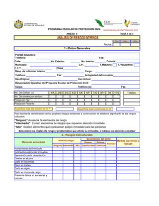 PROGRAMA ESCOLAR DE PROTECCIÓN CIVIL                    Coordinación para la Protección Civil
                                                        ANEXO 5                                                   HOJA 1 DE 4


                                                                                                           Día      Mes         Año
                                                                                            Fecha:
                                                     1.- Datos Generales

Plantel Educativo:
Teléfono:                                                                                Fax:
Calle:                                  No. Exterior:               No. Interior:             Colonia:
Municipio:                                                        C.P.                   T.Matutino:   T. Vespertino:
C.C.T.                                        ZONA
Resp. de la Unidad Interna:                                              Cargo:
Teléfono:                                     Fax:                       Antigüedad del Inmueble:
Uso Original:                                                     Uso Actual:
Responsable Operativo del Programa Escolar de Protección Civil:
Cargo:                                                            Teléfono (s):                                   Fax:

No. De Edificio (s):                    1/A   2/B     3/C   4/D    5/E    6/F      7/G    8/H    9/I       10/J          Totales:
No. De niveles por edificio:
Población Fija:
Población Flotante:
                                    2
Superficie total del terreno en m                                 Superficie total construida en m     2


Para facilitar la identificación de los posibles riesgos existentes a continuación se detalla el significado de los rangos
utilizados:
"Ninguno" Ausencia de elementos de riesgo
"Intermedio" Existen elementos de riesgos que requieren atención inmediata
"Alto" Existen elementos que representan peligro inmediato para las personas
    Seleccione los niveles de riesgo y problemática que afecte su inmueble, e indique las acciones a realizar
                                                    2.- Riesgos Estructurales
                                                                           Descripción del daño:
                                               Nivel de riesgo:                                              Medida preventiva a
       Elemento estructural                                              Grietas     Grietas
                                                                                                Fractura          realizar:
                                          Ninguno Intermedio Alto Superficiales Continuas
Hundimiento del Inmueble
Incli
Inclinación notoria del inmueble
Separación de la cimentación
Grietas en el piso
Daño en columnas
Dano en trabes
Daño en vigas
Daño en muros de carga
Presenta daños en escaleras y
rampas
 