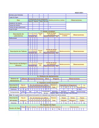 HOJA 3 DE 4
Bombeo para hidrantes
Fugas de Agua
                                            Condiciones de la instalación:
                Gas:                                                                          Medida preventiva a realizar :                       Observaciones:
                                            Bueno            Regular          Malo   No hay
Instalación de tubería
Tanque de cilindro
Tanque de gas estacionario
Fugas de gas
                                                                              7.- Areas a evaluar:
                                            Se encuentra    Contiene     De que           Grado de riesgo
       Descripción de                                                     tipo             por reactivos
                                                                                                                      Medida preventiva
                                            cerca de áula   Reactivos
                                                                                                                          a realizar
                                                                                                                                                      Observaciones:
        Laboratorios                        Sí No Sí No                              Ninguno Intermedio       Alto
Polifuncional




                                            Se encuentra    Contiene                     Grado de riesgo
                                                                         De que
 Descripción de Talleres                    cerca de áula   Reactivos                     por reactivos               Medida preventiva               Observaciones:
                                                                          tipo
                                            Sí No Sí No                              Ninguno Intermedio       Alto




                                            Se encuentra    Contiene                     Grado de riesgo
Descripción de Bodega o                                                  De que
                                            cerca de áula   Reactivos                     por reactivos               Medida preventiva               Observaciones:
       Almacén                                                            tipo
                                            Sí No Sí No                              Ninguno Intermedio       Alto




                                                                        8.- Sistema de alertamiento:
  Sistema de                Silbatos Campana Chicharras                                Otros          Ninguno                                Observaciones
 Alertamiento:
                                                                        9.- Equipos contra Incendio:
Descripción             Hay en                   No. de extintores por edificio:                    Número            Capacidad en Kilogramos:                     Se         Que

del equipo:        existencia:              1/A 2/B 3/C 4/D 5/E 6/F 7/G 8/H              9/I 10/J    Total:                2        4.5       6         9       Requieren Cantidad

  Extintores           Sí           No                                                                                                                          Sí No
                            PQS              Gas                   CO     2       Condiciones        Manómetro             Marchamo               Seguro        Fecha de recarga:
 Componentes:
                                                                                    de uso:         Bueno Malo            Tiene   No tiene   Tiene   No tiene

Nota: Se sugiere colocar los extintores de acuerdo a la ubicación que indican los planos anexos

Descripción             Hay en                   No. de hidrantes por edificio:                     Número                  Tienen             Tienen                   Tienen
 del equipo:       existencia:              1/A 2/B 3/C 4/D 5/E 6/F 7/G 8/H              9/I 10/J    Total                 Gabinete          Manguera                   Chiflón
  Hidrantes            Sí           No                                                                                     Sí       No        Sí       No          Sí         No
                                                                              10.- Equipo de Zapa:
                            Palas        Picos        Hachas            Cuerdas       Barretas Tienen Gabinete:                               Observaciones:
Equipo de Zapa:
                                                                                                     Si              No
 