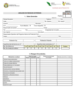 Coordinación para la Protección Civil


                                                                                                                                  ANEXO 7
                               ANÁLISIS DE RIESGOS EXTERNOS                                                                 Día      Mes

                                          1. Datos Generales                                                    Fecha:
                                                                                                 HOJA 1/3
Plantel Educativo ________________________________________________ Teléfono _____________ Fax ____________
Calle________________________________________________________ No. Exterior__________ No. Interior _________
Colonia ________________________________________ Municipio ____________________________________________
C.P. _________________              Turno Matutino           Turno Vespertino 
Responsable del plantel _______________________________________ Cargo ___________________________________
Tel. _______________________                Fax _____________________                  Antigüedad del inmueble __________________
Uso original ________________________________________ Uso actual ________________________________________
Responsable Operativo del Programa Interno de Protección Civil _______________________________________________
Cargo:____________________________________________ Tel(s). _________________________ Fax ______________


             Población Fija                                                 Población Flotante

                                     2                                                                  2
Superficie total del terreno en m                                   Superficie total construida en m
No. De Edificio (s):                       1/A   2/B    3/C     4/D        5/E   6/F    7/G   8/H     9/I    10/J          Totales:
No. De niveles por edificio:



                                                  2. Riesgos Circundantes.
                                                 Nivel de riesgo                 Distancia aproximada
           Elemento a evaluar                                                                                  Medida preventiva a realizar
                                            Ninguno    Intermedio   Alto              al inmueble
Tanque de gas estacionario
Torres con cables de alta tensión
Postes de energía eléctrica
Postes telefónicos en mal estado
Vías de ferrocarril
Construcciones vecinas dañadas
Anuncios y marquesinas que puedan caer
Cercanía de mercados
Depósitos y almacenes tóxicos
Fábricas
Gasolinera
Planta Pemex
Ductos
Expendio de gas
 