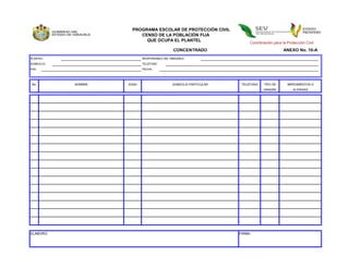 PROGRAMA ESCOLAR DE PROTECCIÓN CIVIL
                          CENSO DE LA POBLACIÓN FIJA
                            QUE OCUPA EL PLANTEL
                                                                          Coordinación para la Protección Civil
                                               CONCENTRADO                                   ANEXO No. 10-A
PLANTEL:                     RESPONSABLE DEL INMUEBLE:
DOMICILIO:                   TELEFONO
FAX:                         FECHA:




 No.         NOMBRE   EDAD                    DOMICILIO PARTICULAR    TELEFONO    TIPO DE      IMPEDIMENTOS O
                                                                                  SANGRE           ALERGIAS




ELABORO:                                                             FIRMA:
 