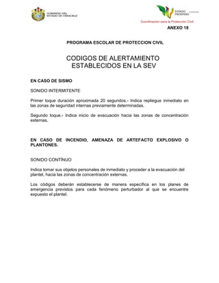 Coordinación para la Protección Civil

                                                                          ANEXO 18


                  PROGRAMA ESCOLAR DE PROTECCION CIVIL


                  CODIGOS DE ALERTAMIENTO
                   ESTABLECIDOS EN LA SEV

EN CASO DE SISMO

SONIDO INTERMITENTE

Primer toque duración aproximada 20 segundos.- Indica repliegue inmediato en
las zonas de seguridad internas previamente determinadas.

Segundo toque.- Indica inicio de evacuación hacia las zonas de concentración
externas.



EN CASO DE INCENDIO, AMENAZA DE ARTEFACTO EXPLOSIVO O
PLANTONES.


SONIDO CONTÍNUO

Indica tomar sus objetos personales de inmediato y proceder a la evacuación del
plantel, hacia las zonas de concentración externas.

Los códigos deberán establecerse de manera específica en los planes de
emergencia previstos para cada fenómeno perturbador al que se encuentre
expuesto el plantel.
 