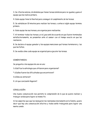 3. Se rifan los sobres, diciéndoles que tienen tareas similares pero no iguales y gana el 
equipo que las realice primero. 
4. Cada equipo tiene la libertad para conseguir el cumplimiento de las tareas 
5. Se establecen 10 minutos para realizar las tareas, o antes si algún equipo termina 
primero. 
6. Cada equipo lee sus tareas y se organiza para realizarlas. 
7. Al terminar todas las tareas y si el juez está de acuerdo en que fueron terminadas 
satisfactoriamente, se presentan ante el asesor con el tiempo exacto en que las 
realizaron. 
8. Se declara el equipo ganador y los equipos mencionan qué tareas terminaron y los 
que les faltan. 
9. Se evalúa cómo cada equipo se organizó para ejecutar las tareas. 
COMENTARIOS: 
Se pregunta a los equipos de uno en uno: 
1 ¿Cuál fue la estrategia que utilizaron para organizarse? 
* ¿Cuáles fueron las dificultades que encontraron? 
3 ¿Cómo se sintieron? 
4. ¿A que conclusión llegaron? 
CONCLUSIÓN: 
Una buena comunicación nos permite la comprensión de lo que se quiere realizar y 
trabajar unidos para lograr un mismo fin. 
Si los aspectos que aquí se manejaron los realizamos diariamente en la familia, quiere 
decir que hay una comunicación efectiva y todos están trabajando para lograr una 
mente común. 
 