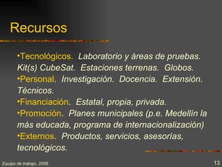 Recursos
       •Tecnológicos. Laboratorio y áreas de pruebas.
       Kit(s) CubeSat. Estaciones terrenas. Globos.
       •Personal. Investigación. Docencia. Extensión.
       Técnicos.
       •Financiación. Estatal, propia, privada.
       •Promoción. Planes municipales (p.e. Medellín la
       más educada, programa de internacionalización)
       •Externos. Productos, servicios, asesorías,
       tecnológicos.
Equipo de trabajo, 2006                                   13
 