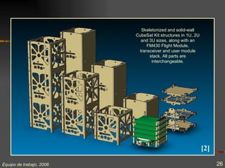 Skeletonized and solid-wall
                          CubeSat Kit structures in 1U, 2U
                            and 3U sizes, along with an
                               FM430 Flight Module,
                           transceiver and user module
                                stack. All parts are
                                 interchangeable.




                                                             [2]

Equipo de trabajo, 2006                                            26
 