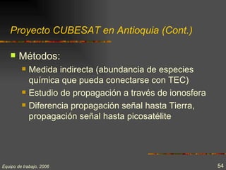 Proyecto CUBESAT en Antioquia (Cont.)

       Métodos:
            Medida indirecta (abundancia de especies
             química que pueda conectarse con TEC)
            Estudio de propagación a través de ionosfera
            Diferencia propagación señal hasta Tierra,
             propagación señal hasta picosatélite




Equipo de trabajo, 2006                                     54
 