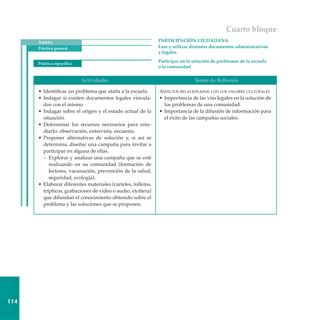 Cuarto bloque
Ámbito
Práctica general

participación ciudadana
Leer y utilizar distintos documentos administrativos
y legales

Práctica específica

Participar en la solución de problemas de la escuela
o la comunidad

Actividades
• 	Identificar un problema que ataña a la escuela.
• 	Indagar si existen documentos legales vinculados con el mismo.
• 	Indagar sobre el origen y el estado actual de la
situación.
• 	Determinar los recursos necesarios para estudiarlo: observación, entrevista, encuesta.
• 	Proponer alternativas de solución y, si así se
determina, diseñar una campaña para invitar a
participar en alguna de ellas.
–	 Explorar y analizar una campaña que se esté
realizando en su comunidad (formación de
lectores, vacunación, prevención de la salud,
seguridad, ecología).
•	 Elaborar diferentes materiales (carteles, folletos,
trípticos, grabaciones de video o audio, etcétera)
que difundan el conocimiento obtenido sobre el
problema y las soluciones que se proponen.

3
114

Temas de Reflexión
Aspectos relacionados con los valores culturales
• 	Importancia de las vías legales en la solución de
los problemas de una comunidad.
• 	Importancia de la difusión de información para
el éxito de las campañas sociales.

 