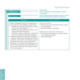 Segundo bloque
Ámbito
Práctica general

LITERATURA
Hacer el seguimiento de algún subgénero, temática

Práctica específica

Hacer el seguimiento de un subgénero narrativo: cuento
de terror, de ciencia ficción, policiaco o algún otro.

o movimiento

Actividades
• 	Elegir un subgénero para hacer el seguimiento.
• 	Leer varios textos del subgénero seleccionado.
– Identificar los aspectos estructurales y temáticos relevantes del subgénero.
– Atender a la organización de la trama y la caracterización de los personajes.
– Identificar aspectos espaciales y temporales
que crean el ambiente propio del subgénero.
• 	Indagar los aspectos que identifican el subgénero
en fuentes de fácil acceso (prólogos de las obras,
manuales y diccionarios de literatura, páginas
electrónicas de autores o géneros literarios).
•	 Compartir los resultados del seguimiento mediante artículos literarios para el periódico escolar o a través de reseñas escritas para recomendar los textos leídos.	

1
46

Temas de reflexión
Aspectos discursivos
• 	Recursos para crear emociones, miedo, sorpresa o expectación.
• 	Tipos de narrador y sus efectos.
Propiedades de los géneros y tipos de texto
• 	Características psicológicas y acciones que llevan a cabo los personajes.
•	 Tipos de desenlace.

 