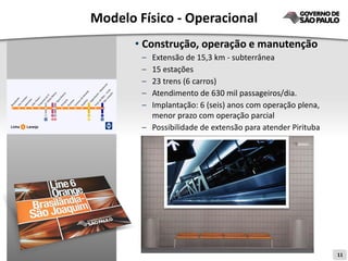 Modelo Físico - Operacional
       • Construção, operação e manutenção
        – Extensão de 15,3 km - subterrânea
        – 15 estações
        – 23 trens (6 carros)
        – Atendimento de 630 mil passageiros/dia.
        – Implantação: 6 (seis) anos com operação plena,
          menor prazo com operação parcial
        – Possibilidade de extensão para atender Pirituba




                                                            11
 