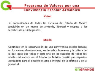 Visión
Las comunidades de todas las escuelas del Estado de México
convivirán en un marco de armonía, libertad y respeto a los
derechos de sus integrantes.
Misión
Contribuir en la construcción de una convivencia escolar basada
en los valores democráticos, los derechos humanos y la cultura de
la paz, para que todas y cada una de las escuelas de todos los
niveles educativos en el Estado de México constituyan espacios
adecuados para el desarrollo sano e integral de la infancia y de la
juventud.
Programa de Valores por una
Convivencia Escolar Armónica
 