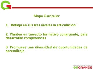 Mapa Curricular
1. Refleja en sus tres niveles la articulación
2. Plantea un trayecto formativo congruente, para
desarrollar competencias
3. Promueve una diversidad de oportunidades de
aprendizaje
 