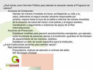¿Qué harías como Servidor Público para atender la situación desde el Programa de
valores?
Acciones de Contención:
Atender de manera inmediata al menor, privilegiando su vida y su
salud, detonando el seguro escolar (docente responsable por
omisión, espera hasta la hora de la salida e informar de manera inmediata
de la situación de salud del menor a los padres y al seguro escolar).
Canalización y seguimiento a instancias de apoyo de la Red
Interinstitucional.
Acciones de Prevención:
Establecer medidas para prevenir acontecimientos semejantes, por ejemplo;
evitar la entrada de personas ajenas a la Institución, guardias en los tiempos
de esparcimiento de los menores, etcétera.
Establecer un plan de acción específico para la Institución.
¿A qué Instituciones acudirías para solicitar apoyo?
Red Interinstitucional
Procuraduría. Instituto de atención a víctimas del delito.
DIF Municipal o Estatal.
 