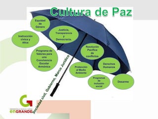 Equidad
de
Género
Justicia,
Transparencia
y
Democracia.
Desarme
Derechos
Humanos
Programa de
Valores para
una
Convivencia
Escolar
Armónica
Instrucción
cívica y
ética
Protección
al Medio
Ambiente
Resolución
Pacífica
de
conflictos
Programas
de
inclusión
social
 