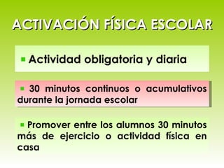 ACTIVACIÓN FÍSICA ESCOLAR Actividad obligatoria y diaria 30 minutos continuos o acumulativos durante la jornada escolar Promover entre los alumnos 30 minutos más de ejercicio o actividad física en casa 