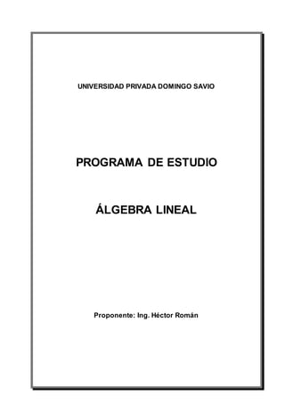 UNIVERSIDAD PRIVADA DOMINGO SAVIO
PROGRAMA DE ESTUDIO
ÁLGEBRA LINEAL
Proponente: Ing. Héctor Román
 