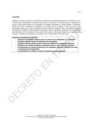 113


Actividad

Mediante una lluvia de ideas, los estudiantes identifican necesidades básicas que comparten con los
romanos de la Antigüedad. El docente las anota en el pizarrón y les solicita que se organicen en
grupos. Cada grupo escoge una necesidad e investigan, apoyados en fuentes dadas y biblioteca,
sobre cómo esta necesidad se satisfacía en la época de los romanos y cómo se hace en la
actualidad. Elaboran un cuadro comparativo con los distintos modos de vida y las distintas maneras
de enfrentar el desafío de desarrollarse y satisfacer estas necesidades, señalando las similitudes y
las diferencias entre una época y otra. Junto a este cuadro, cada grupo desarrolla una presentación
original y creativa para exponer los resultados de su comparación al resto del curso.

Criterios de Evaluación Sugeridos
    - Reconocen necesidades comunes entre los romanos de la Antigüedad y la actualidad.
    - Identifican distintas formas de satisfacer esas necesidades.
    - Comparan distintos modos de vida y formas de satisfacer las necesidades comunes.
    - Establecen con claridad similitudes y diferencias entre la cultura romana y la actual.
    - La presentación da cuenta claramente de los resultados obtenidos, reuniendo las ideas
        o conclusiones más importantes.
    - La presentación es creativa y cuenta con material de apoyo pertinente.




                                       Unidad de Currículum y Evaluación
                   Programa de Estudio de Historia, Geografía y Ciencias Sociales Tercero Básico
                                         Aprobado por CNED sept 2012
 