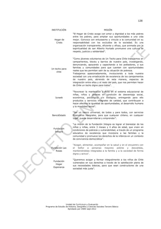 128


      INSTITUCIÓN                                            MISIÓN
                            “El Hogar de Cristo acoge con amor y dignidad a los más pobres
                            entre los pobres, para ampliar sus oportunidades a una vida
         Hogar de           mejor. Convoca con entusiasmo y vincula a la comunidad en su
          Cristo            responsabilidad con los excluidos de la sociedad. Es una
                            organización transparente, eficiente y eficaz, que animada por la
                            espiritualidad de san Alberto Hurtado promueve una cultura de
                            respeto, justicia y solidaridad”.


                            “Como jóvenes voluntarios de Un Techo para Chile trabajamos en
                            campamentos, blocks y barrios de nuestro país, investigando,
                            denunciando, apoyando y capacitando a los pobladores, a sus
                            familias y comunidades para que cuenten con oportunidades
      Un techo para
                            reales que les permitan salir de su situación de pobreza.
          chile
                            Trabajamos apasionadamente, involucrando a toda nuestra
                            sociedad con una erradicación de excelencia de los campamentos
                            de nuestro país, abriendo de esta manera, espacios de
                            integración entre ellos y el resto del país, que nos permitan hacer
                            de Chile un techo digno para todos”.


                            “Favorecer la mantención y éxito en el sistema educacional de
                            niñas, niños y jóvenes en condición de desventaja social,
          Junaeb            económica, psicológica y/o biológica, entregando para ello
                            productos y servicios integrales de calidad, que contribuyan a
                            hacer efectiva la igualdad de oportunidades, el desarrollo humano
                            y la movilidad social”.

                            “Ser un banco universal, de todos y para todos, con servicios
      BancoEstado           financieros integrales, para que cualquier chileno, en cualquier
                            lugar, pueda desarrollarse y emprender”.

                            “La misión de la Fundación Integra es lograr el bienestar de los
                            niños y niñas, entre 3 meses y 4 años de edad, que viven en
        Fundación
                            condiciones de pobreza y vulnerabilidad, a través de un programa
         Integra
                            educativo de excelencia que incorpora a las familias y la
                            comunidad y promueve los derechos de la infancia en un contexto
                            de convivencia democrática”.

                            “Acoger, alimentar, acompañar en la salud y en el encuentro con
     Fundación Las          el  Señor     a  personas  mayores      pobres   y   desvalidas,
        Rosas               manteniéndolas integradas a la familia y a la sociedad de forma
                            digna y activa”.

                            “Queremos acoger y formar integralmente a los niños de Chile
        Fundación
                            vulnerados en sus derechos a través de la satisfacción plena de
          Hogar
                            sus necesidades básicas, para que sean constructores de una
        Esperanza
                            sociedad más justa”.




                    Unidad de Currículum y Evaluación
Programa de Estudio de Historia, Geografía y Ciencias Sociales Tercero Básico
                      Aprobado por CNED sept 2012
 