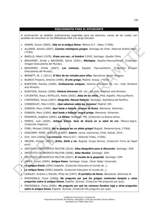 136


                                BIBLIOGRAFÍA PARA EL ESTUDIANTE

A continuación se detallan publicaciones sugeridas para los alumnos, varias de las cuales son
posibles de encontrar en las Bibliotecas CRA a lo largo del país:

   ADAMS, Simon (2005). Vida en la antigua Roma. México D.F.: Altea. (*CRA)
   ALLENDE, Amelia (2007). Cuentos mitológicos griegos. Santiago de Chile: Editorial Andrés Bello.
    (*CRA)
   BARILLE, Albert (1978). Érase una vez….el hombre 2.DVD. Santiago: Quality Films.
   BEAUMONT, Emilie y BAUSSIER, Sylvie (2001). Mitologías. España:Fleurus/Panini. (Colección
    Imagen Descubierta del Mundo).
   BEAUMONT, Emilie (2007).            Los    romanos.       España:      Fleurus/Panini.       (Colección   Imagen
    Descubierta del Mundo).
   BENNETT, W. J. (2011). El libro de las virtudes para niños. Barcelona: Javier Vergara.
   BLANCO Freijeiro, Antonio (1998). El arte griego. Madrid: Anaya. (*CRA)
   BURSTEIN, Stanley (2008). Civilizaciones antiguas. Historia Universal. EE. UU.: Holt, Rinehart
    and Winston.
   BURSTEIN, Stanley (2008). Historia Universal. EE. UU.: ed. Holt, Rinehart and Winston.
   CIFUENTES, Rosa y RIPOLLES, Pablo (2002). Atlas de los niños. 2ªed. España: Fleurus/Panini.
   CONTRERAS, Yasna (2007). Geografía. Manual Esencial. Santiago: Santillana del Pacífico.
   CORBISHLEY, Mike (1993). ¿Qué sabemos sobre los romanos? Madrid: SM.
   DOBSON, Mary (1999). Aquí huele a historia…Aromas de Roma. Alemania: Köneman.
   DOBSON, Mary (1999). Aquí huele a historia: mugre griega. Alemania: Köneman.
   EDWARDS, Angélica (2005). La Odisea. Santiago: MN. (Colección La Buena Letra).
   FERRIS, Julie (2005). Antigua Grecia. Guía de Grecia en la edad de oro. México:Signo.
    (Colección Viajeros).
   FORD, Michael (2005). ¡No te gustaría ser un atleta griego! Bogotá: Panamericana. (*CRA)
   GOSCINNY, RENÉ, UDERZO, ALBERT, Asterix, varios volúmenes, Chile, Salvat, 2010.
   GUY, John (2004). Los romanos. México D.F.: Editorial Trillas. (*CRA)
   INKIOW, Dimiter (2003). Orfeo, Sísifo y cía. Bogotá: Grupo Norma. (Colección Torre de Papel
    azul).
   INSTITUTO GEOGRÁFICO MILITAR (2010). Atlas Geográfico para la Educación. Santiago: IGM.
   INSTITUTO GEOGRÁFICO MILITAR (2008). Atlas Mundial. Santiago: IGM.
   INSTITUTO GEOGRÁFICO MILITAR (2007). El mundo de la geografía. Santiago: IGM.
   JAMES, Simon (2009). Antigua Roma. Santiago: Cosar. (Gran Saber Universal).
   La antigua Grecia (2005).Saldaña. (Colección Descubre el mundo de…).
   La antigua Roma (2005).Saldaña. (Colección Descubre el mundo de…).
   LANGLEY, Andrew y SOUZA, Philip de (1997). El periódico de Roma. Barcelona: Ediciones B.
   MACDONALD, Fiona (2006). Me pregunto por qué los griegos construían templos y otras
    preguntas sobre la antigua Grecia. España: Everest. (Colección Me pregunto por qué).
   MACDONALD, Fiona (2006). Me pregunto por qué los romanos llevaban toga y otras preguntas
    sobre la antigua Roma. España: Everest. (Colección Me pregunto por qué).


                                         Unidad de Currículum y Evaluación
                     Programa de Estudio de Historia, Geografía y Ciencias Sociales Tercero Básico
                                           Aprobado por CNED sept 2012
 