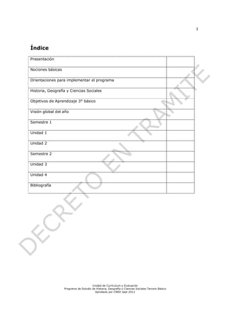 3




Índice

Presentación

Nociones básicas

Orientaciones para implementar el programa

Historia, Geografía y Ciencias Sociales

Objetivos de Aprendizaje 3° básico

Visión global del año

Semestre 1

Unidad 1

Unidad 2

Semestre 2

Unidad 3

Unidad 4

Bibliografía




                                       Unidad de Currículum y Evaluación
                   Programa de Estudio de Historia, Geografía y Ciencias Sociales Tercero Básico
                                         Aprobado por CNED sept 2012
 