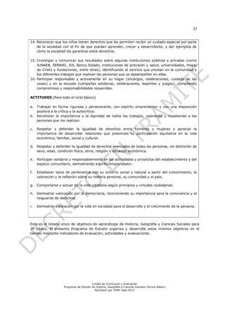 37


14. Reconocer que los niños tienen derechos que les permiten recibir un cuidado especial por parte
    de la sociedad con el fin de que puedan aprender, crecer y desarrollarse, y dar ejemplos de
    cómo la sociedad les garantiza estos derechos.

15. Investigar y comunicar sus resultados sobre algunas instituciones públicas y privadas (como
    JUNAEB, SERNAC, SII, Banco Estado, instituciones de previsión y salud, universidades, Hogar
    de Cristo y fundaciones, entre otras), identificando el servicio que prestan en la comunidad y
    los diferentes trabajos que realizan las personas que se desempeñan en ellas.
16. Participar responsable y activamente en su hogar (encargos, celebraciones, cuidado de las
    cosas) y en la escuela (campañas solidarias, celebraciones, deportes y juegos), cumpliendo
    compromisos y responsabilidades requeridas.

ACTITUDES (Para todo el ciclo básico)

a. Trabajar en forma rigurosa y perseverante, con espíritu emprendedor y con una disposición
   positiva a la crítica y la autocrítica.
b. Reconocer la importancia y la dignidad de todos los trabajos, valorando y respetando a las
   personas que los realizan.

c.   Respetar y defender la igualdad de derechos entre hombres y mujeres y apreciar la
     importancia de desarrollar relaciones que potencien su participación equitativa en la vida
     económica, familiar, social y cultural.

d. Respetar y defender la igualdad de derechos esenciales de todas las personas, sin distinción de
   sexo, edad, condición física, etnia, religión o situación económica.

e.   Participar solidaria y responsablemente en las actividades y proyectos del establecimiento y del
     espacio comunitario, demostrando espíritu emprendedor.

f.   Establecer lazos de pertenencia con su entorno social y natural a partir del conocimiento, la
     valoración y la reflexión sobre su historia personal, su comunidad y el país.

g. Comportarse y actuar en la vida cotidiana según principios y virtudes ciudadanas.

h. Demostrar valoración por la democracia, reconociendo su importancia para la convivencia y el
   resguardo de derechos.

i.   Demostrar valoración por la vida en sociedad para el desarrollo y el crecimiento de la persona.




Este es el listado único de objetivos de aprendizaje de Historia, Geografía y Ciencias Sociales para
3º básico. El presente Programa de Estudio organiza y desarrolla estos mismos objetivos en el
tiempo mediante indicadores de evaluación, actividades y evaluaciones.




                                         Unidad de Currículum y Evaluación
                     Programa de Estudio de Historia, Geografía y Ciencias Sociales Tercero Básico
                                           Aprobado por CNED sept 2012
 