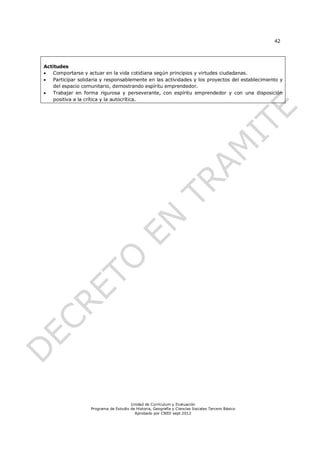 42




Actitudes
  Comportarse y actuar en la vida cotidiana según principios y virtudes ciudadanas.
  Participar solidaria y responsablemente en las actividades y los proyectos del establecimiento y
   del espacio comunitario, demostrando espíritu emprendedor.
  Trabajar en forma rigurosa y perseverante, con espíritu emprendedor y con una disposición
   positiva a la crítica y la autocrítica.




                                       Unidad de Currículum y Evaluación
                   Programa de Estudio de Historia, Geografía y Ciencias Sociales Tercero Básico
                                         Aprobado por CNED sept 2012
 