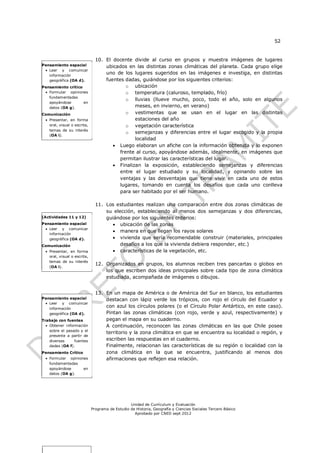 52


                               10. El docente divide al curso en grupos y muestra imágenes de lugares
Pensamiento espacial               ubicados en las distintas zonas climáticas del planeta. Cada grupo elige
  Leer y comunicar
   información
                                   uno de los lugares sugeridos en las imágenes e investiga, en distintas
   geográfica (OA d).              fuentes dadas, guiándose por los siguientes criterios:
Pensamiento crítico                         o ubicación
  Formular opiniones                       o temperatura (caluroso, templado, frío)
   fundamentadas
                                            o lluvias (llueve mucho, poco, todo el año, solo en algunos
   apoyándose       en
   datos (OA g).                               meses, en invierno, en verano)
Comunicación                                o vestimentas que se usan en el lugar en las distintas
  Presentar, en forma                         estaciones del año
   oral, visual o escrita,                  o vegetación característica
   temas de su interés
                                            o semejanzas y diferencias entre el lugar escogido y la propia
   (OA i).
                                               localidad
                                       Luego elaboran un afiche con la información obtenida y lo exponen
                                         frente al curso, apoyándose además, idealmente, en imágenes que
                                         permitan ilustrar las características del lugar.
                                       Finalizan la exposición, estableciendo semejanzas y diferencias
                                         entre el lugar estudiado y su localidad, y opinando sobre las
                                         ventajas y las desventajas que tiene vivir en cada uno de estos
                                         lugares, tomando en cuenta los desafíos que cada uno conlleva
                                         para ser habitado por el ser humano.

                               11. Los estudiantes realizan una comparación entre dos zonas climáticas de
                                   su elección, estableciendo al menos dos semejanzas y dos diferencias,
(Actividades 11 y 12)              guiándose por los siguientes criterios:
Pensamiento espacial                  ubicación de las zonas
  Leer y comunicar
                                      manera en que llegan los rayos solares
   información
   geográfica (OA d).                 vivienda que sería recomendable construir (materiales, principales
Comunicación                             desafíos a los que la vivienda debiera responder, etc.)
  Presentar, en forma                características de la vegetación, etc.
   oral, visual o escrita,
   temas de su interés
                               12. Organizados en grupos, los alumnos reciben tres pancartas o globos en
   (OA i).
                                   los que escriben dos ideas principales sobre cada tipo de zona climática
                                   estudiada, acompañada de imágenes o dibujos.


                               13. En un mapa de América o de América del Sur en blanco, los estudiantes
Pensamiento espacial               destacan con lápiz verde los trópicos, con rojo el círculo del Ecuador y
  Leer y comunicar
   información
                                   con azul los círculos polares (o el Círculo Polar Antártico, en este caso).
   geográfica (OA d).              Pintan las zonas climáticas (con rojo, verde y azul, respectivamente) y
Trabajo con fuentes                pegan el mapa en su cuaderno.
   Obtener información            A continuación, reconocen las zonas climáticas en las que Chile posee
    sobre el pasado y el
                                   territorio y la zona climática en que se encuentra su localidad o región, y
    presente a partir de
    diversas     fuentes           escriben las respuestas en el cuaderno.
    dadas (OA f).                  Finalmente, relacionan las características de su región o localidad con la
Pensamiento Crítico                zona climática en la que se encuentra, justificando al menos dos
  Formular opiniones              afirmaciones que reflejen esa relación.
   fundamentadas
   apoyándose      en
   datos (OA g).




                                                 Unidad de Currículum y Evaluación
                             Programa de Estudio de Historia, Geografía y Ciencias Sociales Tercero Básico
                                                   Aprobado por CNED sept 2012
 