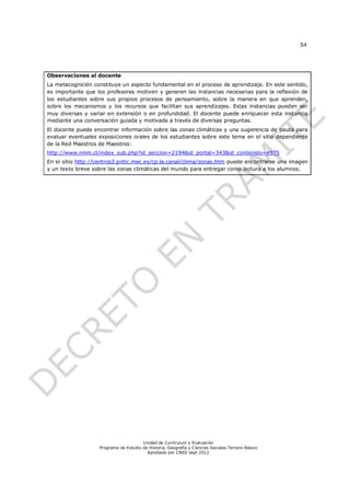 54




Observaciones al docente
La metacognición constituye un aspecto fundamental en el proceso de aprendizaje. En este sentido,
es importante que los profesores motiven y generen las instancias necesarias para la reflexión de
los estudiantes sobre sus propios procesos de pensamiento, sobre la manera en que aprenden,
sobre los mecanismos y los recursos que facilitan sus aprendizajes. Estas instancias pueden ser
muy diversas y variar en extensión o en profundidad. El docente puede enriquecer esta instancia
mediante una conversación guiada y motivada a través de diversas preguntas.
El docente puede encontrar información sobre las zonas climáticas y una sugerencia de pauta para
evaluar eventuales exposiciones orales de los estudiantes sobre este tema en el sitio dependiente
de la Red Maestros de Maestros:
http://www.rmm.cl/index_sub.php?id_seccion=2194&id_portal=343&id_contenido=4975
En el sitio http://centros3.pntic.mec.es/cp.la.canal/clima/zonas.htm puede encontrarse una imagen
y un texto breve sobre las zonas climáticas del mundo para entregar como lectura a los alumnos.




                                       Unidad de Currículum y Evaluación
                   Programa de Estudio de Historia, Geografía y Ciencias Sociales Tercero Básico
                                         Aprobado por CNED sept 2012
 